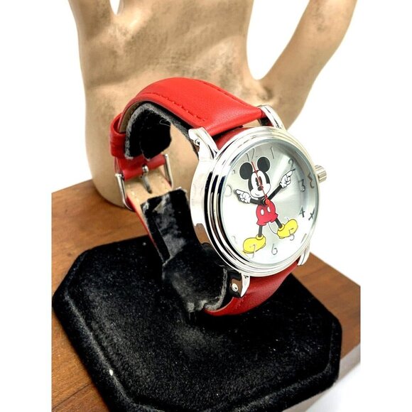 Disney Mickey Mouse Women's Watch Silver Tone Case 38mm Red Leather Band… - Picture 2 of 14